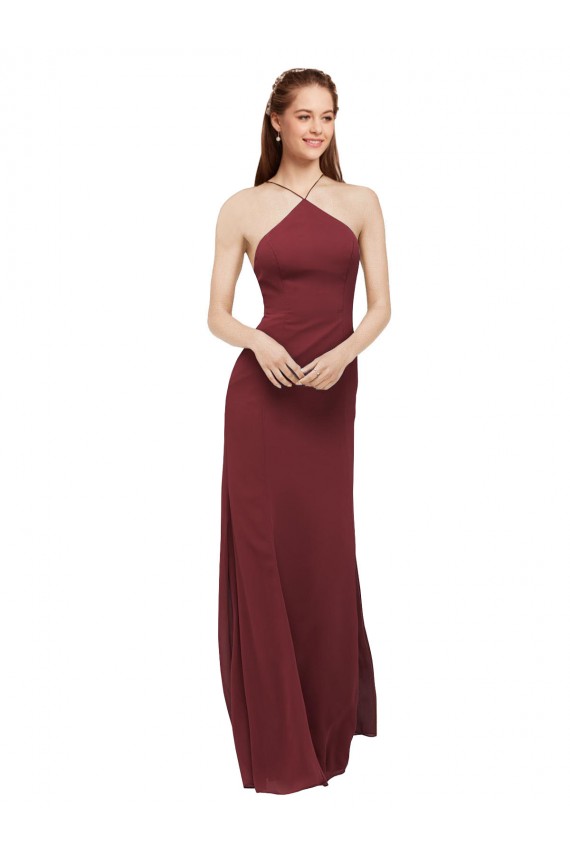 Borgoña Cubierta Halter Gasa Largo Vestidos de dama de honor Outlet