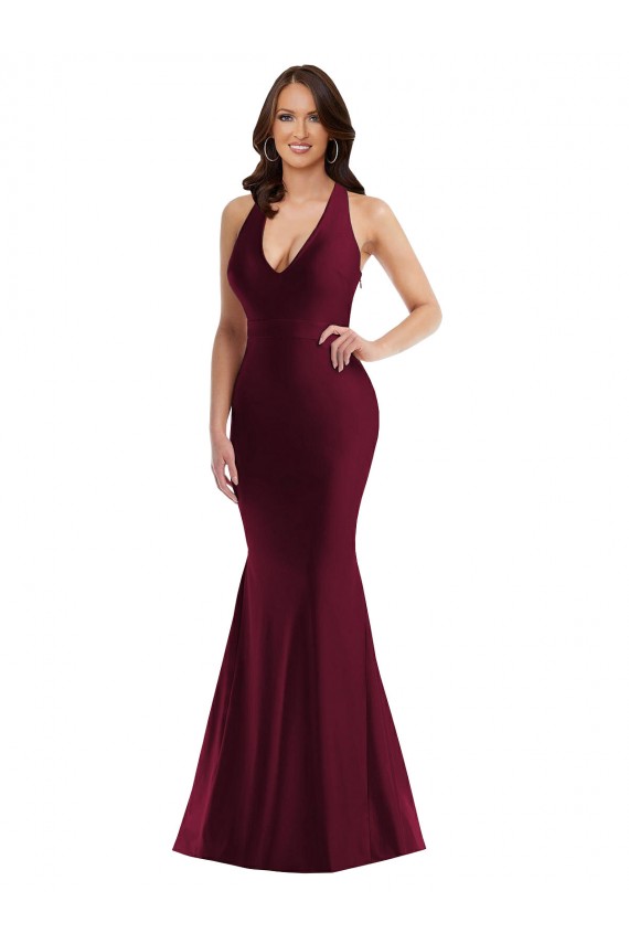 Borgoña Sirena Cuello en V Satén sedoso Largo Formales Vestidos de dama de honor / Vestidos de fiesta Outlet