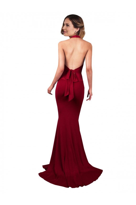 Borgoña Sirena Halter Cuello en V Spandex Largo Formales Vestidos de dama de honor / Vestidos de fiesta Outlet