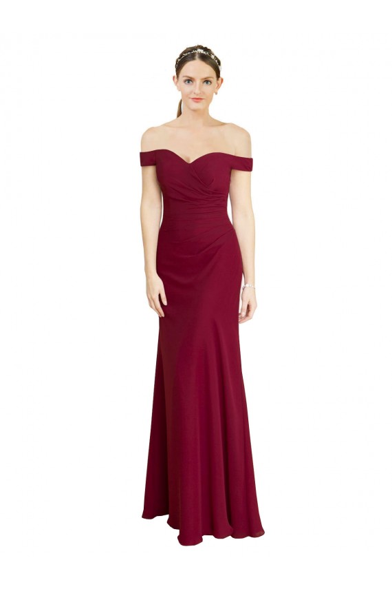 Borgoña Sirena Hombros Descubiertos Gasa Largo Vestidos de dama de honor / Vestidos de fiesta Outlet