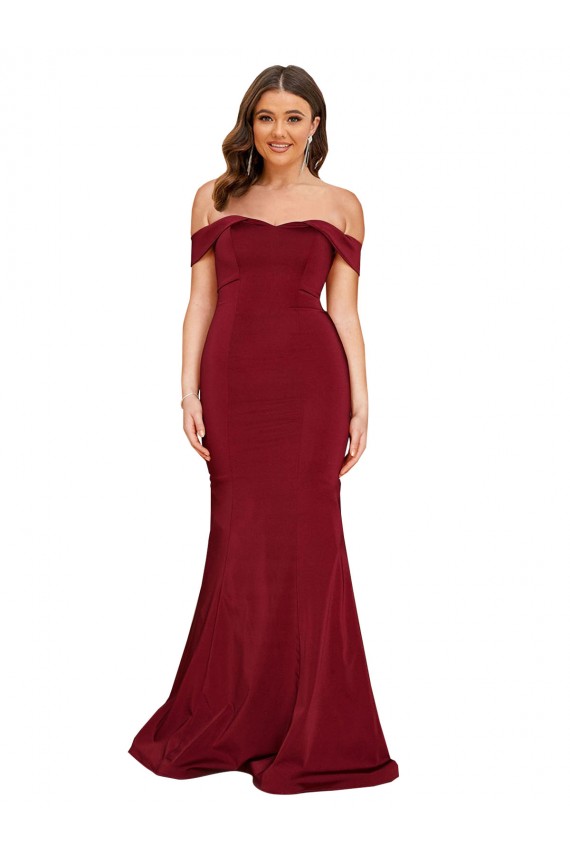 Borgoña Sirena Hombros Descubiertos Spandex Largo Formales Vestidos de dama de honor / Vestidos de fiesta Outlet