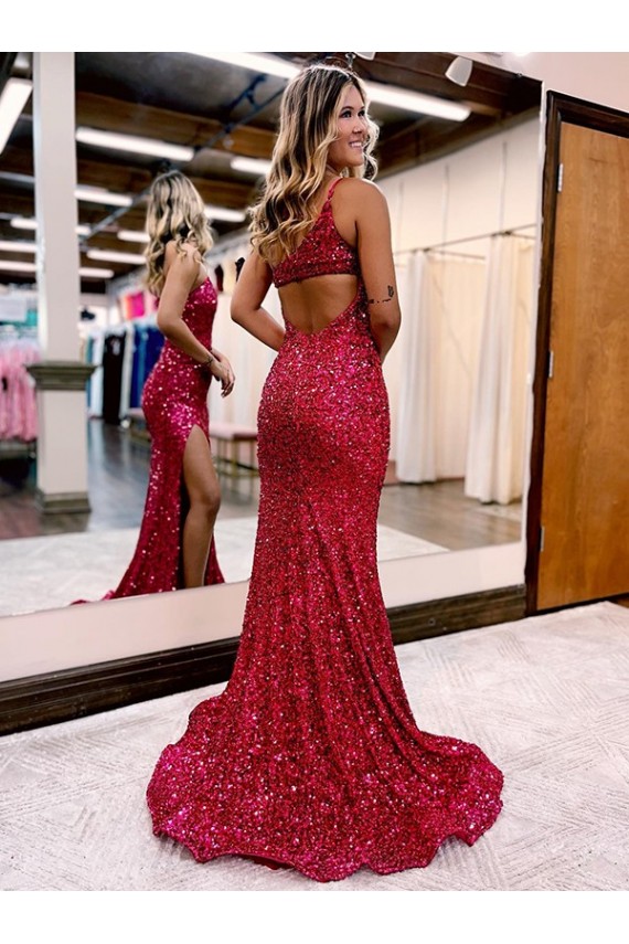 Borgoña Sirena Un Hombre Barrer tren Lentejuelas Terciopelo Largo Vestidos de fiesta Outlet