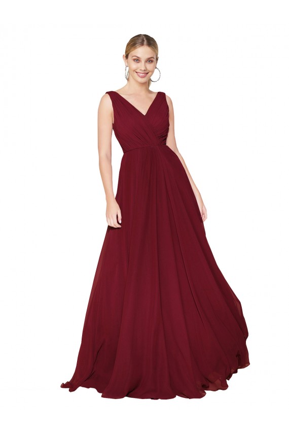 Borgoña línea A Cuello en V Cuello Alto Gasa Largo Formales Vestidos de dama de honor / Vestidos de fiesta Outlet
