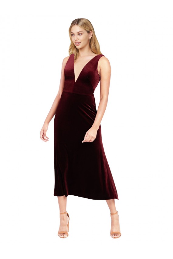 Borgoña línea A Cuello en V Midi Terciopelo Elástico Corto Vestidos de dama de honor / Vestidos de fiesta / Vestidos de cóctel Outlet