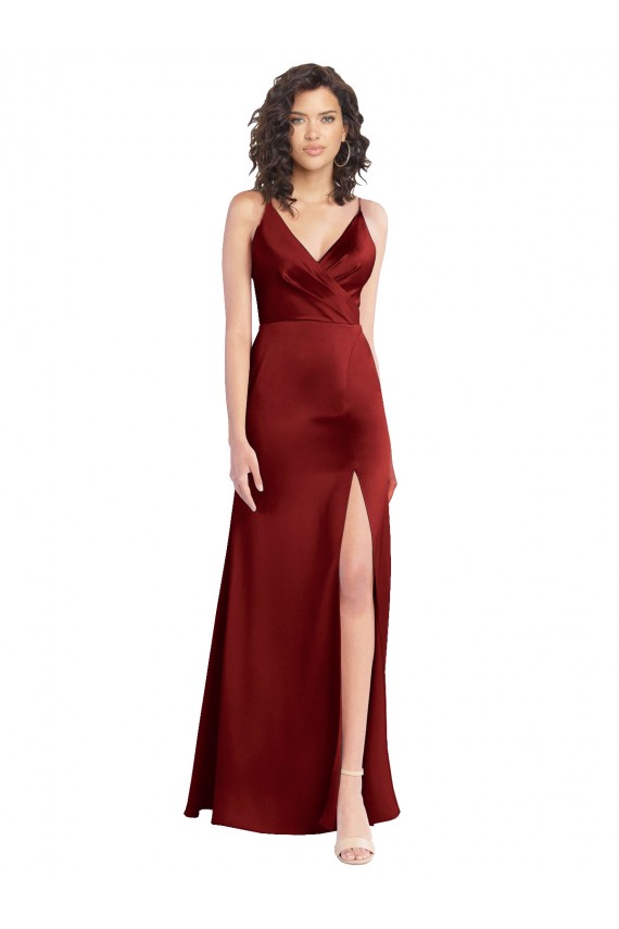 Borgoña línea A Cuello en V Satén elástico Largo Formales Vestidos de dama de honor / Vestidos de fiesta Outlet