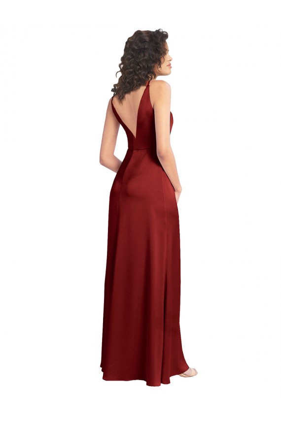 Borgoña línea A Cuello en V Satén elástico Largo Formales Vestidos de dama de honor / Vestidos de fiesta Outlet