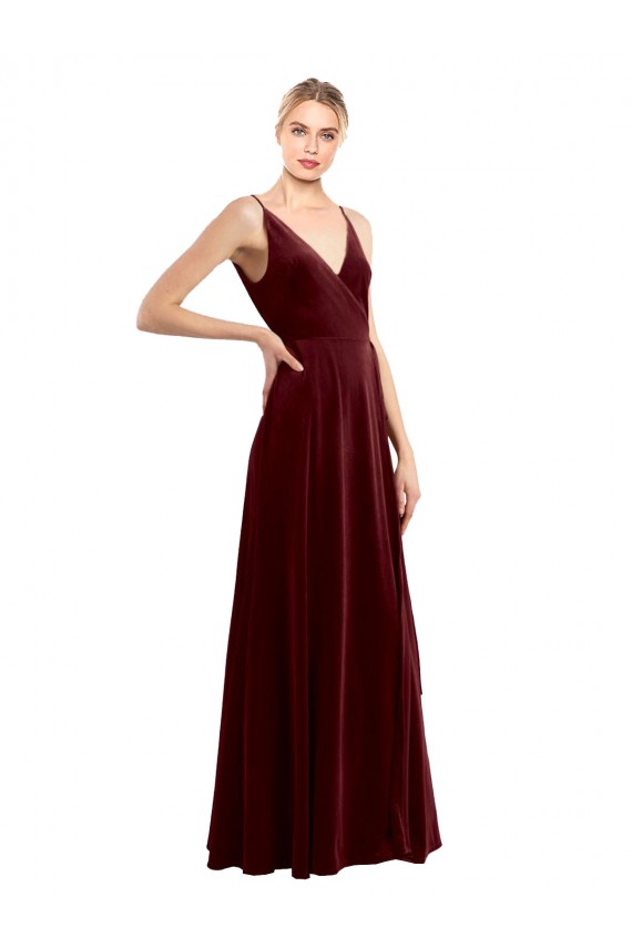Borgoña línea A Cuello en V Terciopelo Elástico Largo Formales Vestidos de dama de honor / Vestidos de fiesta Outlet