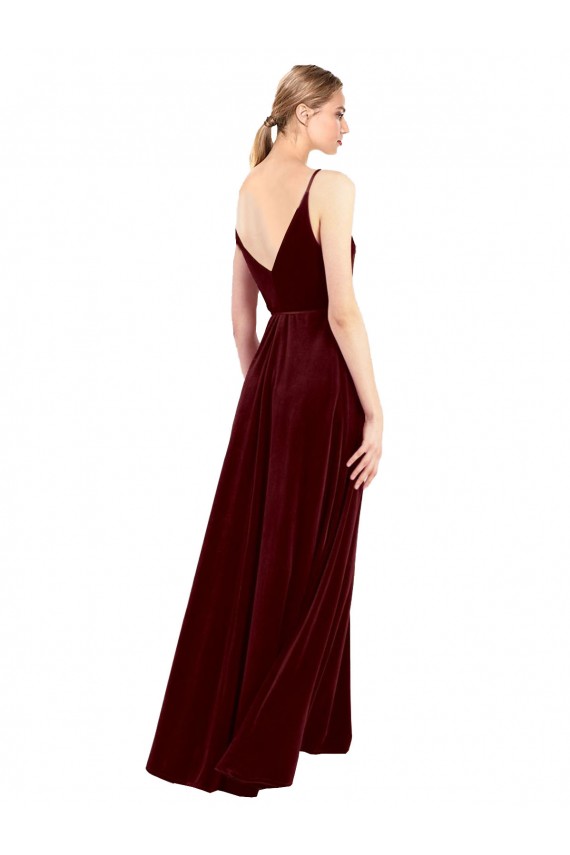 Borgoña línea A Cuello en V Terciopelo Elástico Largo Formales Vestidos de dama de honor / Vestidos de fiesta Outlet