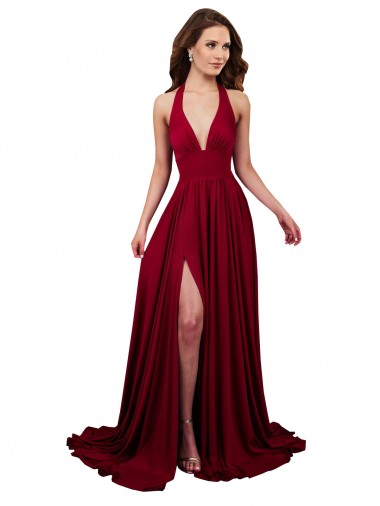 Borgoña línea A Halter Cuello en V Spandex Largo Formales Vestidos de dama de honor / Vestidos de fiesta Outlet