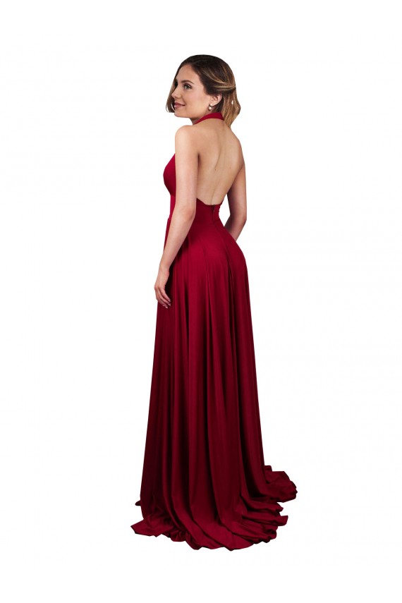 Borgoña línea A Halter Cuello en V Spandex Largo Formales Vestidos de dama de honor / Vestidos de fiesta Outlet