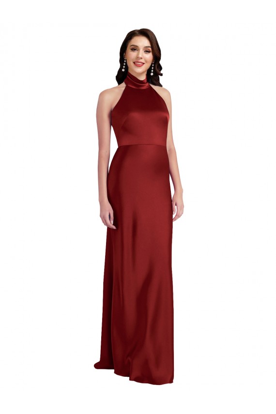 Borgoña línea A Halter Satén elástico Largo Formales Vestidos de dama de honor / Vestidos de fiesta Outlet