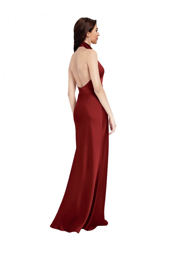 Borgoña línea A Halter Satén elástico Largo Formales Vestidos de dama de honor / Vestidos de fiesta Outlet