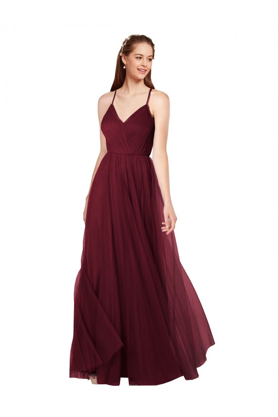 Borgoña línea A Tirantes espagueti Cuello en V Cuello de Corazón Tul Largo Vestidos de dama de honor Outlet