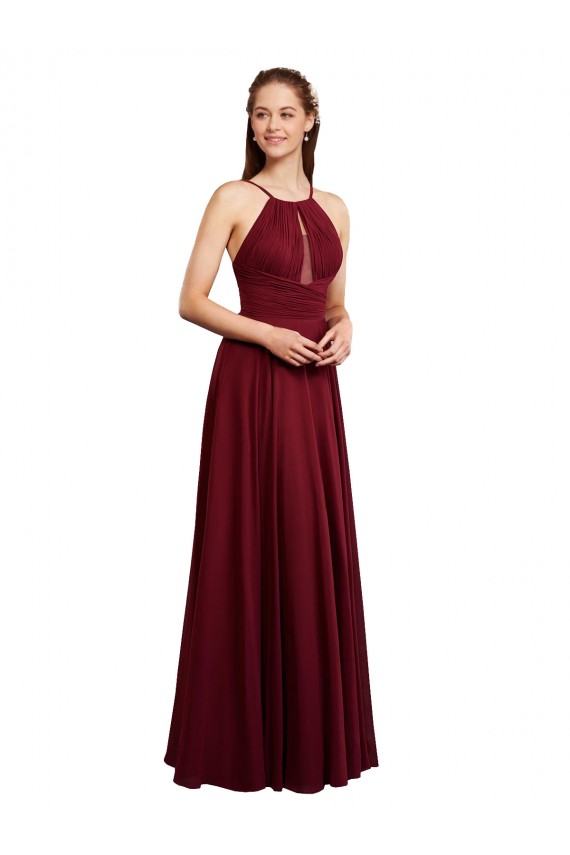 Borgoña línea A Tirantes espagueti Halter Gasa Largo Vestidos de dama de honor Outlet