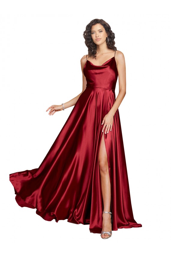Borgoña línea A Tirantes espagueti Satén sedoso Largo Formales Vestidos de dama de honor / Vestidos de fiesta Outlet