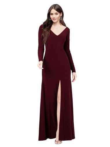 Borgoña oscuro Cubierta Cuello en V Spandex Largo Vestidos de dama de honor / Vestidos de fiesta Outlet