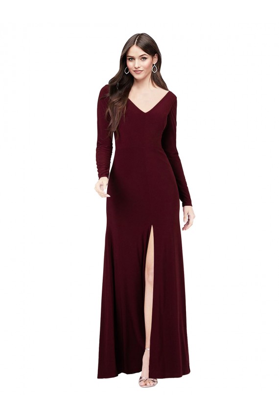 Borgoña oscuro Cubierta Cuello en V Spandex Largo Vestidos de dama de honor / Vestidos de fiesta Outlet