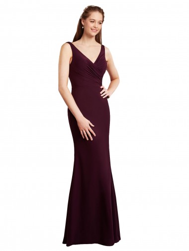 Borgoña oscuro Sirena Cuello en V Gasa Largo Vestidos de dama de honor Outlet