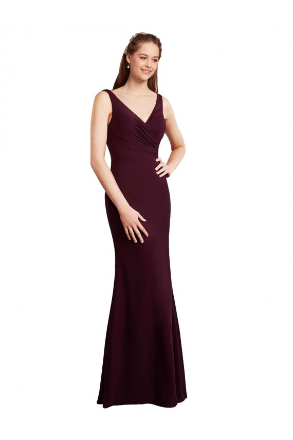 Borgoña oscuro Sirena Cuello en V Gasa Largo Vestidos de dama de honor Outlet