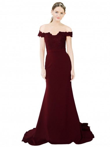 Borgoña oscuro Sirena Hombros Descubiertos Barrer tren Crepé Elástico Encaje Largo Formales Vestidos de dama de honor / Vestidos de fiesta Outlet