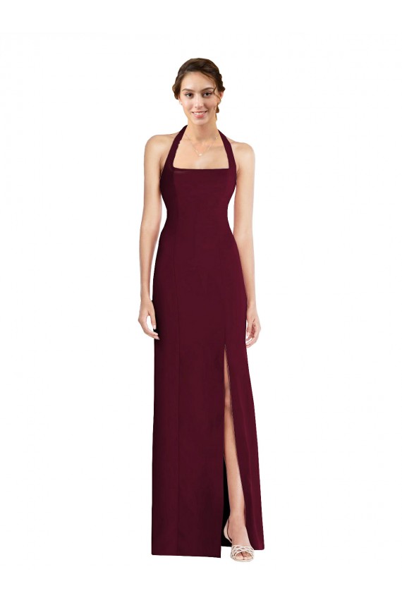 Borgoña oscuro Trompeta Halter Crepé Elástico Largo Vestidos de dama de honor / Vestidos de fiesta Outlet