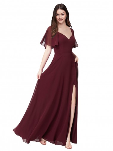Borgoña oscuro línea A Cuello de Corazón Gasa Largo Vestidos de dama de honor Outlet