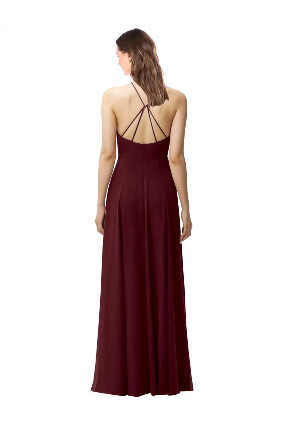 Borgoña oscuro línea A Halter Cuello Alto Gasa Largo Vestidos de dama de honor Outlet