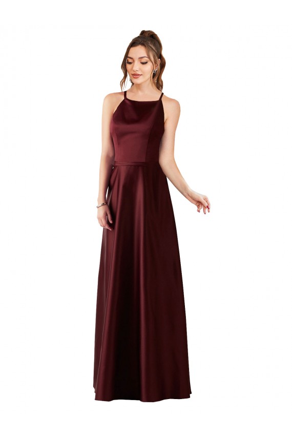 Borgoña oscuro línea A Halter Satén Largo Vestidos de dama de honor / Vestidos de fiesta Outlet
