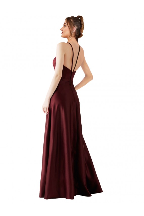 Borgoña oscuro línea A Halter Satén Largo Vestidos de dama de honor / Vestidos de fiesta Outlet