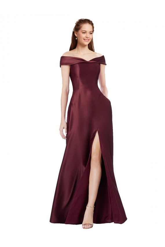 Borgoña oscuro línea A Hombros Descubiertos Sin tirantes Satén Largo Formales Vestidos de dama de honor / Vestidos de fiesta Outlet
