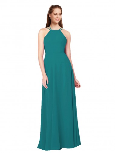 Cazador Verde Cubierta Cuello Alto Gasa Largo Vestidos de dama de honor Outlet