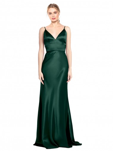 Cazador Verde Cubierta Tirantes espagueti Cuello en V Cuello Alto Satén elástico Largo Formales Vestidos de dama de honor / Vestidos de fiesta Outlet