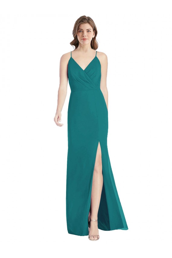 Cazador Verde Sirena Tirantes espagueti Cuello en V Gasa Largo Vestidos de dama de honor Outlet