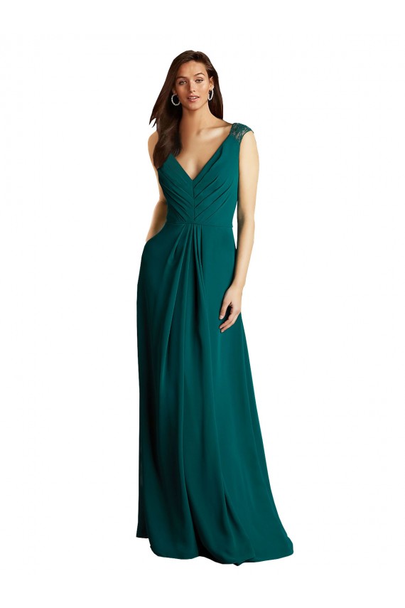 Cazador Verde línea A Cuello en V Gasa Encaje Largo Vestidos de dama de honor Outlet