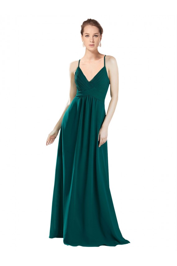 Cazador Verde línea A Cuello en V Gasa Largo Vestidos de dama de honor Outlet