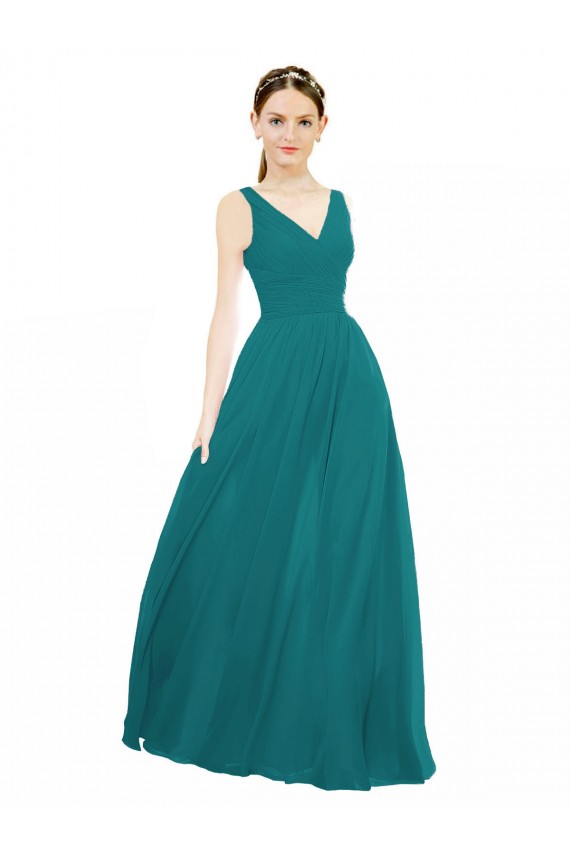 Cazador Verde línea A Cuello en V Gasa Largo Vestidos de dama de honor Outlet