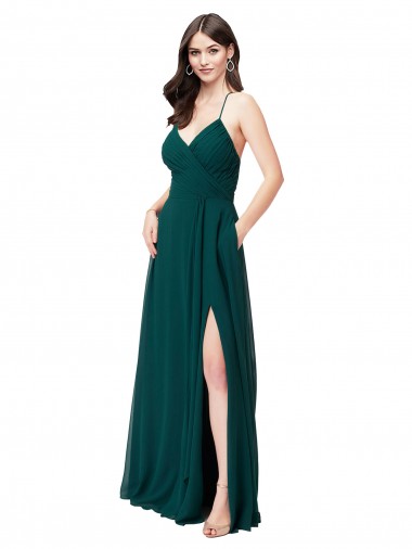 Cazador Verde línea A Cuello en V Gasa Largo Vestidos de dama de honor Outlet