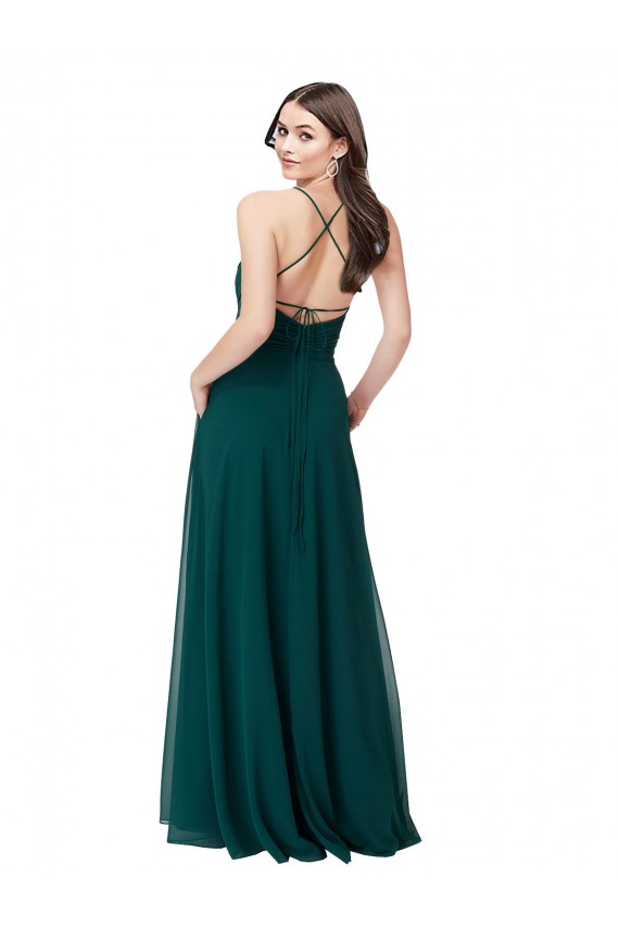 Cazador Verde línea A Cuello en V Gasa Largo Vestidos de dama de honor Outlet