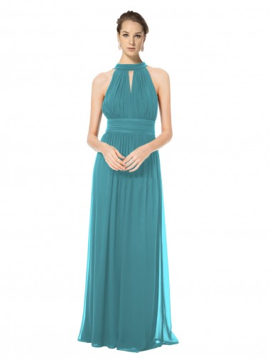 Cazador Verde línea A Halter Gasa Largo Vestidos de dama de honor Outlet