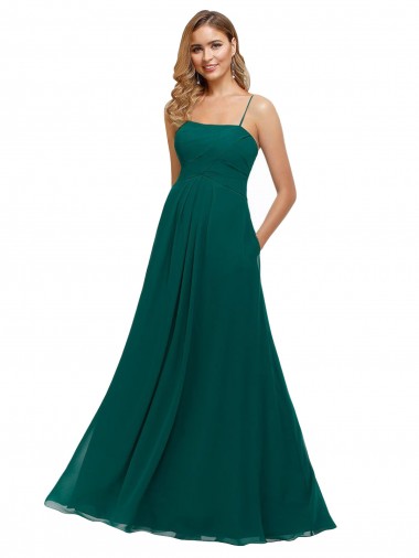 Cazador Verde línea A Tirantes espagueti Cuadrado Gasa Largo Vestidos de dama de honor Outlet
