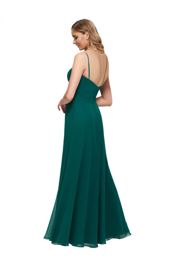 Cazador Verde línea A Tirantes espagueti Cuadrado Gasa Largo Vestidos de dama de honor Outlet