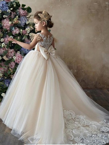 Champán Cuello de Corazón Cola capilla Tul Encaje Largo vestidos de niña de las flores Outlet