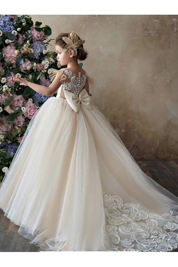 Champán Cuello de Corazón Cola capilla Tul Encaje Largo vestidos de niña de las flores Outlet