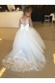 Champán Cuello de Corazón Cola capilla Tul Encaje Largo vestidos de niña de las flores Outlet