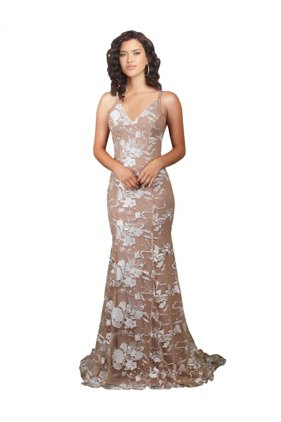 Champán Sirena Cuello en V Barrer tren Encaje Vestidos de novia Outlet