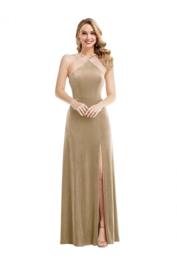 Champán línea A Halter Cuello Alto Terciopelo Elástico Largo Vestidos de dama de honor / Vestidos de fiesta Outlet