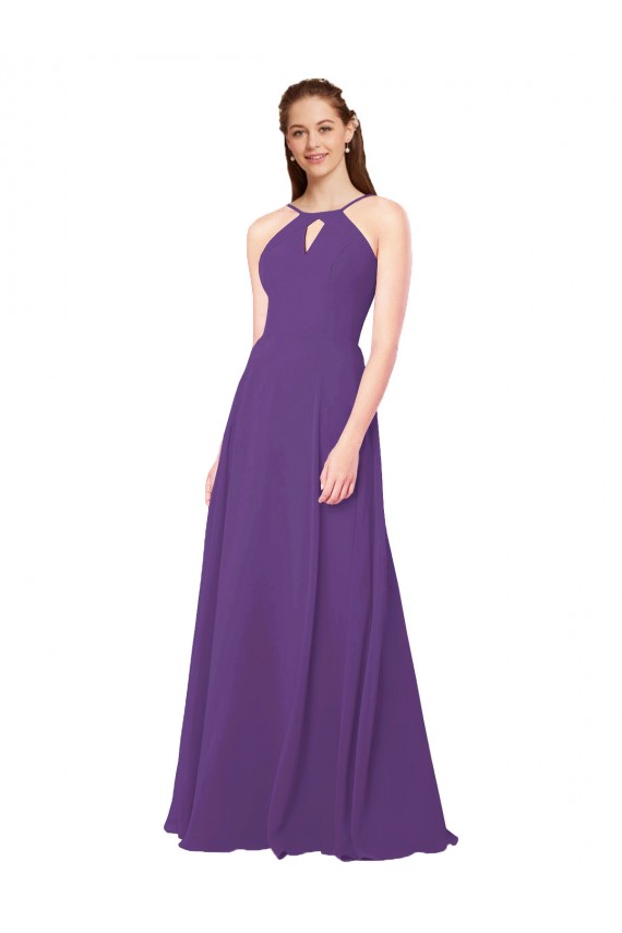 Ciruela Cubierta Cuello Alto Gasa Largo Vestidos de dama de honor Outlet