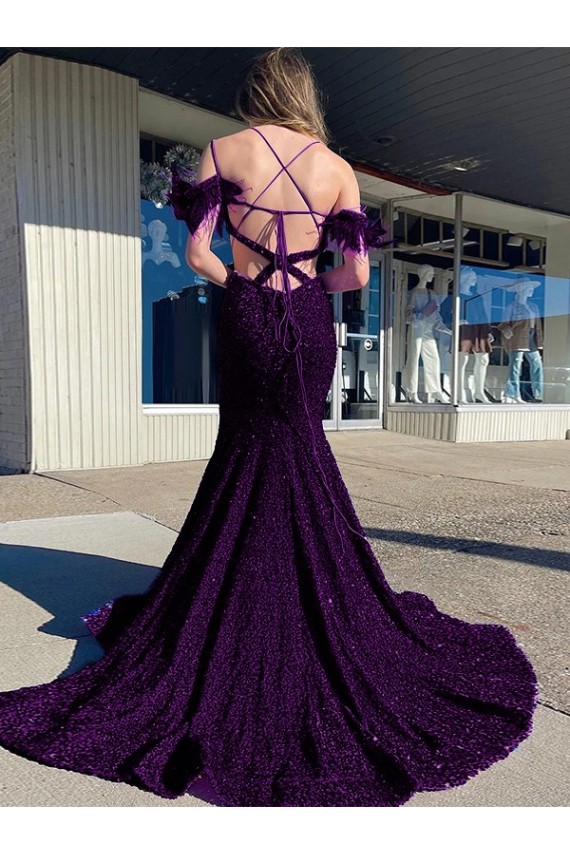 Ciruela Cubierta Tirantes espagueti Cuello en V Cola corte Lentejuelas Terciopelo Largo Vestidos de fiesta Outlet