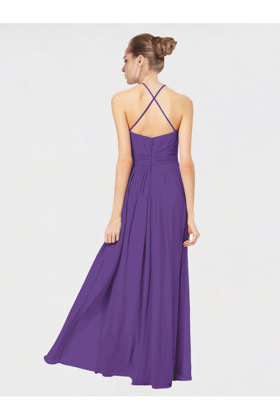 Ciruela línea A Tirantes espagueti Halter Gasa Largo Vestidos de dama de honor Outlet