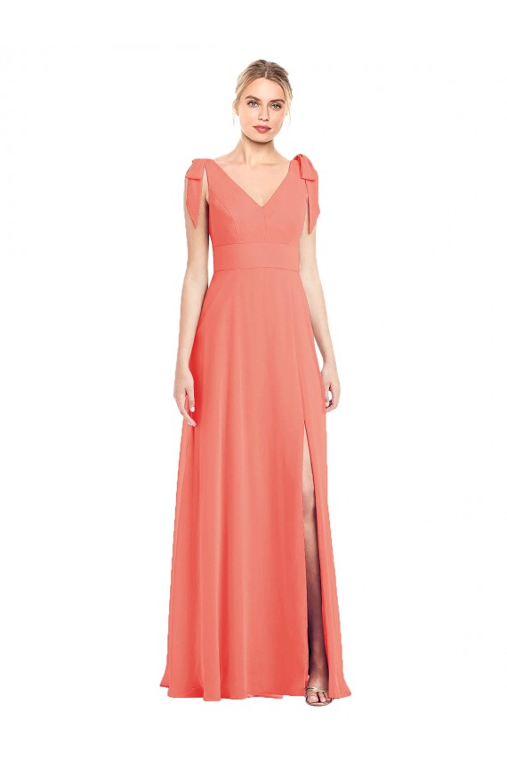 Coral Trompeta Cuello en V Gasa Largo Vestidos de dama de honor Outlet